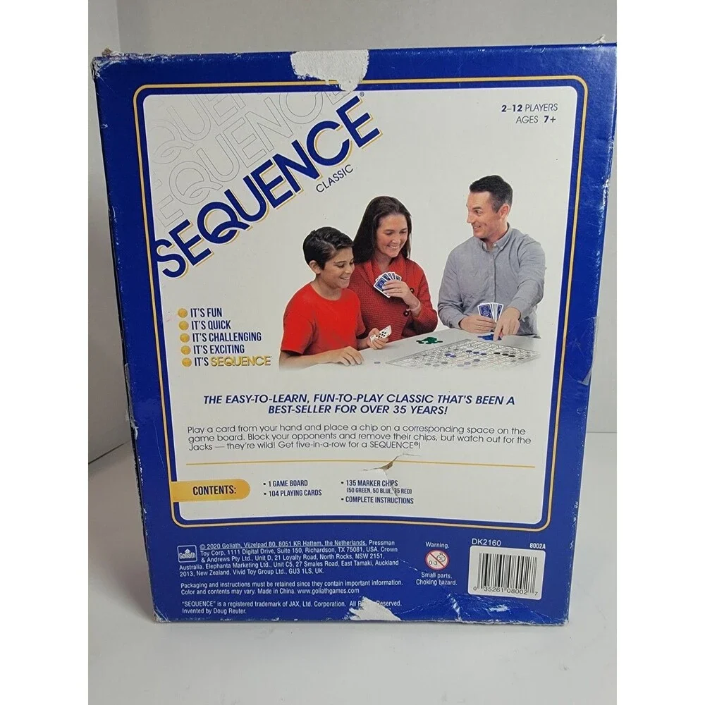 Sequence Classic Board Game Goliath Complete Board Cards & Chips Missing 1 Green